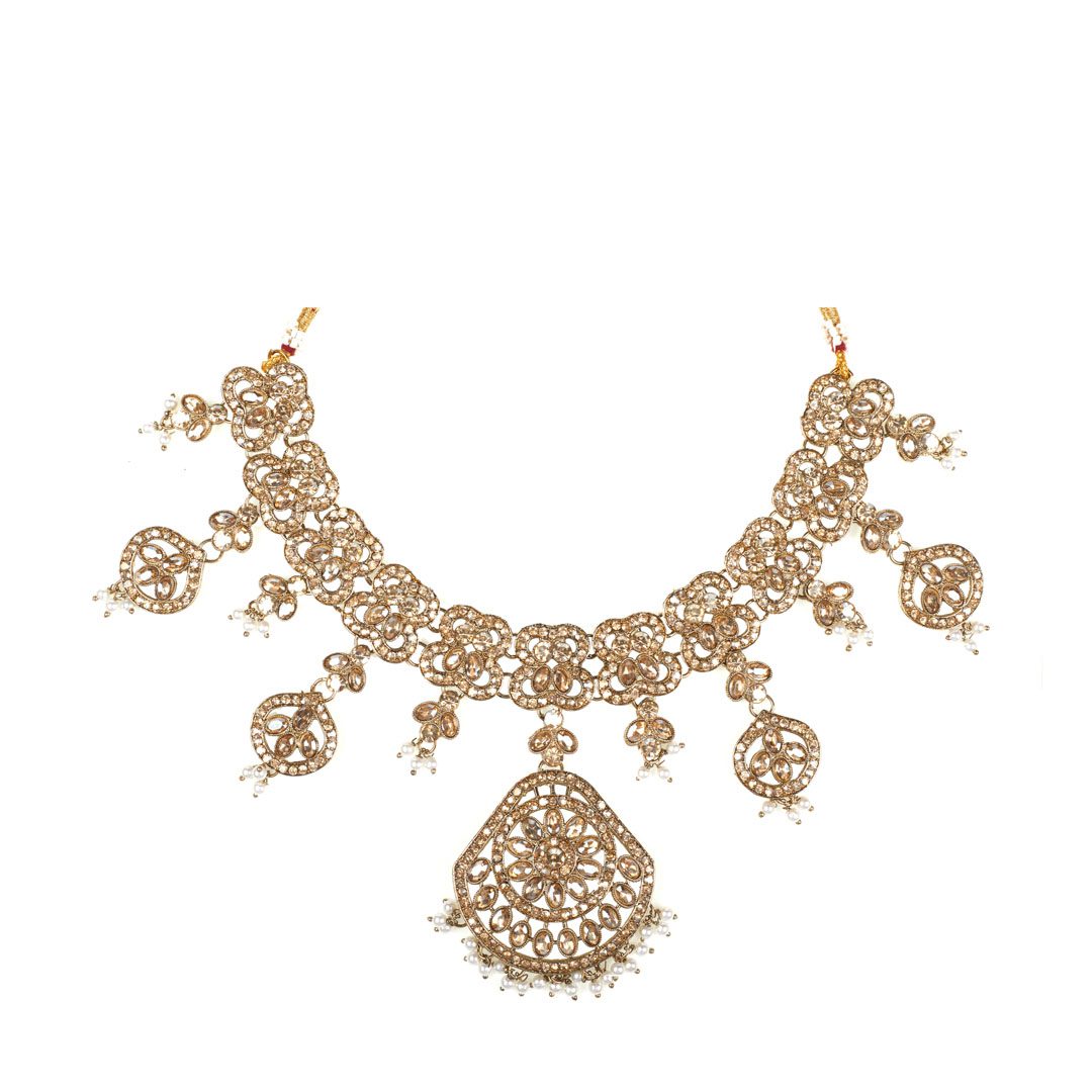 "Zarmar Fashion Handcrafted Antique Mehndi Gold Plated Necklace Set | Traditional Ethnic Jewelry with Golden Rivoli Stones" - Image 3